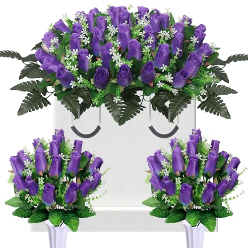 3 Set Artificial Cemetery Flowers for Grave,Headstone Flower Saddle with 2 Memorial Rose Bouquets with Vases for Grave Tombstone Decorations(Purple) - color: Purple