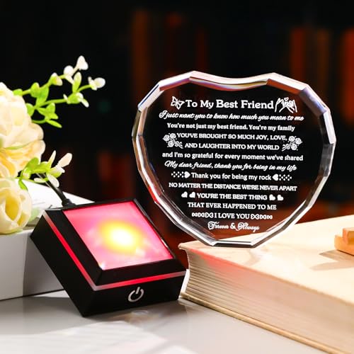 Arikyrist Best Friend Birthday Gifts with LED Base Crystal Heart Friendship BFF Gifts for Women Best Friend Bestie Gift Ideas for Women Gift for Female Friends on Christmas Wedding Valentine's Day - style: Best Friend Gifts + Light Base
