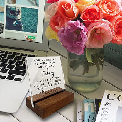 Inspirational Quotes Desk Sign, Motivational Minimalist Decor Art Acrylic Plaque With Wooden Stand Sign Home Office Desk Sign Gift for Women Colleague Friend Cowoker - style: Ask yourself