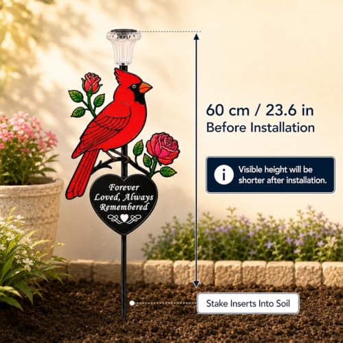 Solar Cardinal Memorial Garden Stake with 'Always Loved, Never Forgotten' Sentiment, Red Bird and Rose Design (Heart Shaped)