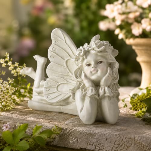 Laying Angel Garden Statue, Resin Fairy Figurine Outdoor Yard Decor | Whimsical Accent For Flower Beds, Patios, Shelves And Garden Lovers - style: Laying Angel Holding Face
