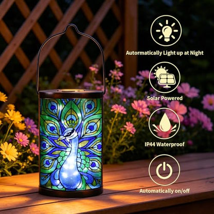 MUMTOP Peacock Glass Solar Lantern Waterproof Outdoor Hanging Garden Light - color: Teal