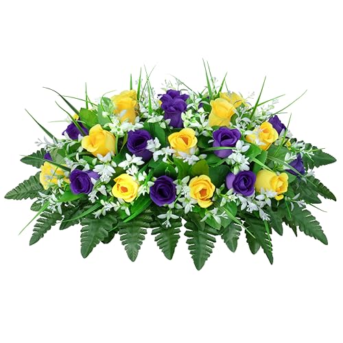 LVXINLI Artificial Cemetery Flowers Saddle-Shaped Tombstone Decorations Non-Fading UV-Resistant（ Yellow+Purple Saddle） - color: Yellow+purple Saddle