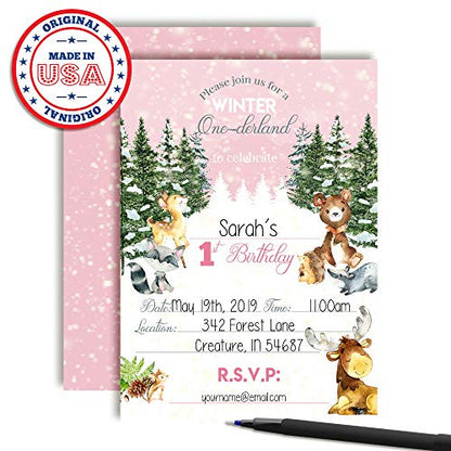Amanda Creation Winter Onederland Invitation, 20 Pack 5x7 Winter Onederland 1st Birthday Girl Invitation Cards with White Envelopes - style: One-derland First Birthday Girls