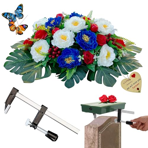 Headstone Flower Saddle,Artificial Grave Memorial Flowers,Cemetery Decor - color: Blue