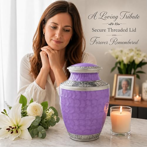 CLEENTABLE Purple Silver Cremation Urn, Engraved Metal