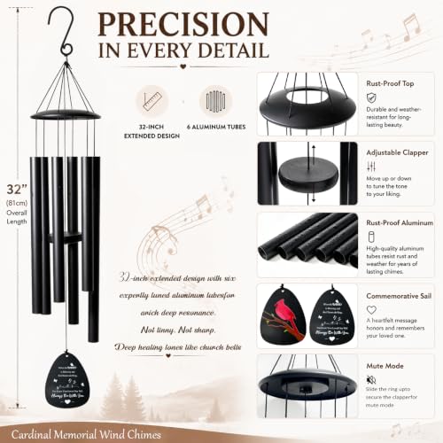 Cardinal Memorial Wind Chimes,32" Sympathy Windchimes for Loss of Loved One