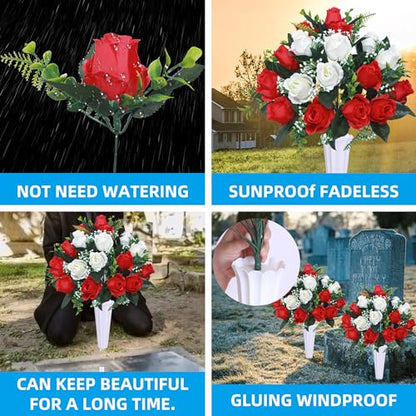 Set of 2 Artificial Cemetery Flowers with Vase,Grave Memorial Day Flowers for Cemetery Headstones Gravesites (Red,White) - color: Red & White