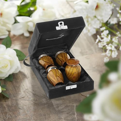 Reminded Small Cremation Keepsake Urns for Human Ashes, Set of 4 Teak Wood Grain Miniature Urns with Velvet Case and Bags