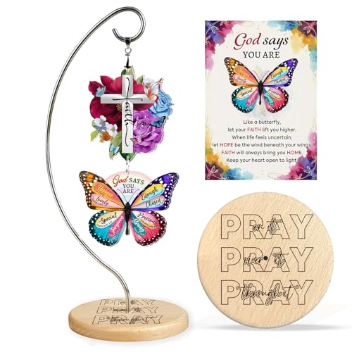 Christian Birthday Gifts - Religious Desk Decor for Women - Butterfly Gifts - color: 04 - Cross Faith Rose Butterfly God Says