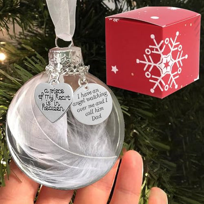 Clear Christmas Memorial Ornament Feather Ball, A Piece of My Heart is in Heaven Loss of Loved One Father Christmas Tree Hanging Sympathy Gift with Silk Ribbon & Red Gift Box - color: Dad