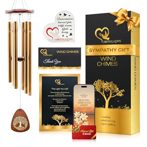 Memorial Wind Chimes for Outside, Golden Teardrop Pendant, Deep Tone 6 Aluminum Tubes & Pine Wood, Sympathy Gift for Loss of Loved One, Acrylic Heart Letter from Heaven, Keepsake Keychain - color: Gold Teardrop Design