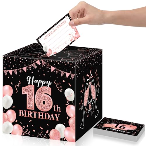 Funrous 16th Birthday Party Message Card Box Cheers to 16 Years Black Rose Gold Advice and Wishes Greeting Card Box for Girls Women Sweet Sixteen Birthday Decorations Anniversary Tables Sign Decor - color: Rose Gold, style: 16th Birthday