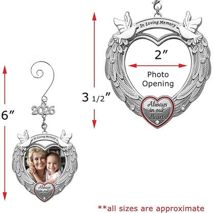 2026 Memorial Photo Ornament with Angel Wings & Doves, Christmas Picture Ornament with Crystal Accent, Sympathy Keepsake Gift, Holds Photo, Silver Finish, 3 Inch, Storage Gift Bag Included