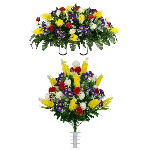 Sympathy Silks Artificial Flowers for Cemeteries - Realistic Grave Decorations - Yellow, Red, and Purple Wildflower Mix - Saddle with (1) Bouquet - color: Yellow Red, size: Saddle-1 Bouquet