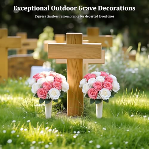 Lewondr Artificial Cemetery Flowers with Vase for Grave, Pink Roses, 2 Pack - color: White+pink