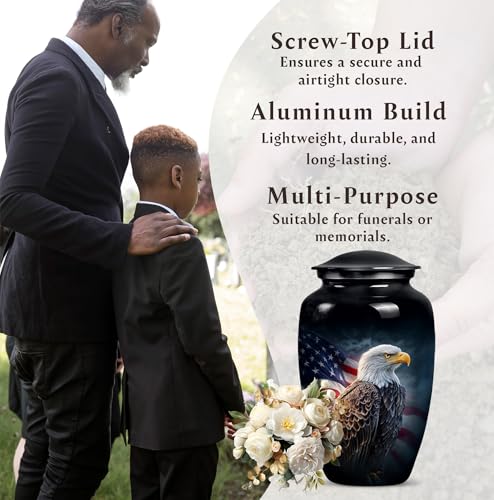 American Flag Eagle Urn for Ashes Adult Male, Patriotic Funeral Urns for Human Ashes Adult Female, Black Military Urn for Ash Mom & Dad (Large, 10 Inch) - color: Patriotic American Flag Eagle