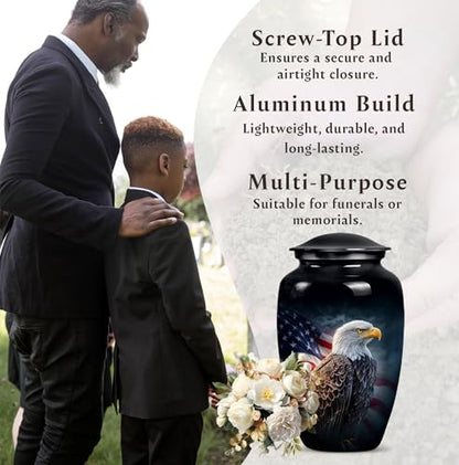 American Flag Eagle Urn for Ashes Adult Male, Patriotic Funeral Urns for Human Ashes Adult Female, Black Military Urn for Ash Mom & Dad (Large, 10 Inch) - color: Patriotic American Flag Eagle