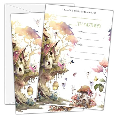 Birthday Invitations - Butterfly Fairy Birthday Invites with Envelopes(25-Count) - Woodland Fill-in Party Invite Cards for Girls Kids Party Supplies Favors Decorations - A07 - style: Tree House 2