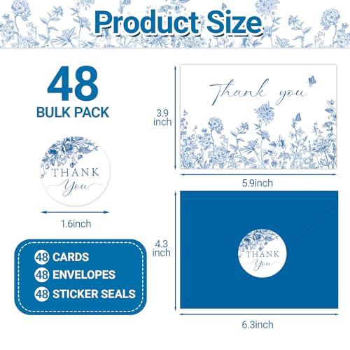 48 Pack Blue Floral Thank You Cards With Envelopes and Stickers, Blue Porcelain Flowers Thank You Cards, Summer Wedding Bridal Appreciation Banquet, Baby Shower, Graduation Ceremony, Birthday Greeting Letter - style: 48pcs - Celadon Flowers