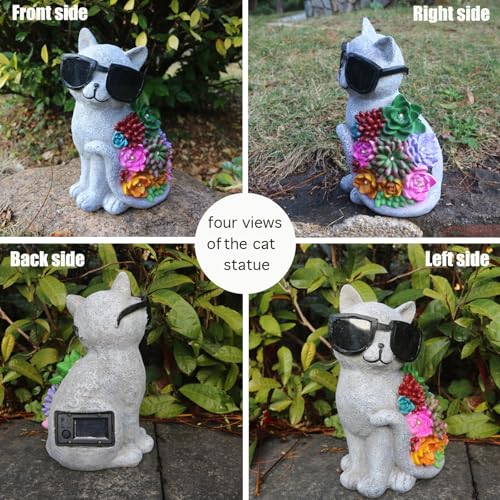 Solar Cat Garden Decor Statues with Succulent LED Lights and Sunglasses | Cat Figurines Gifts for Women Mom Grandma ，Outdoor Garden Decoration for Patio Yard Lawn - style: French