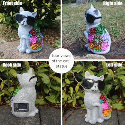 Solar Cat Garden Decor Statues with Succulent LED Lights and Sunglasses | Cat Figurines Gifts for Women Mom Grandma ，Outdoor Garden Decoration for Patio Yard Lawn - style: French