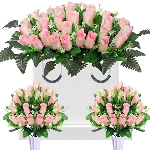 3 Set Artificial Cemetery Flowers for Grave,Headstone Flower Saddle with 2 Memorial Rose Bouquets with Vases for Grave Tombstone Decorations(Pink) - color: Pink