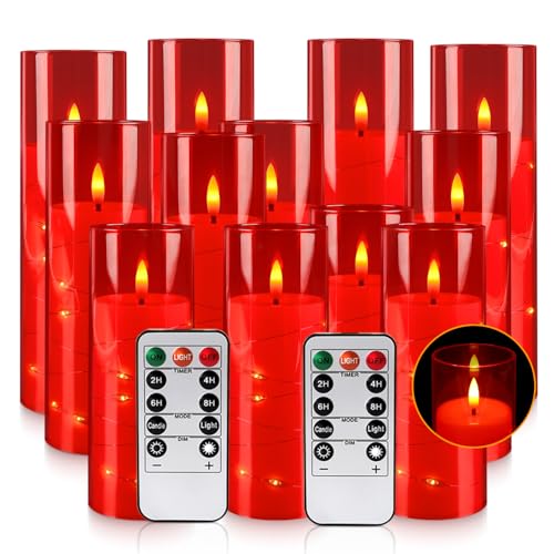 12‑Pack Red Flameless LED Candles(D 2.2" xH 5" 6" 7") with Embedded String Lights,Acrylic Pillar Candles with 2 Remote Timers, Battery‑Operated for Christmas, Halloween & New Year Decor. - color: Red Light String-12 pack