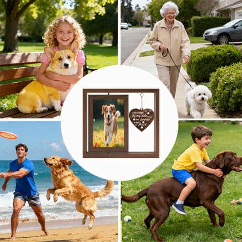 Pet Memorial Frames Forever in My Heart Pet Frame Wooden Rotating 4x6 Picture Gifts with Heart Charm No Longer by My Side But Forever in My Heart Dog Sympathy Remembrance Bereavement Gift
