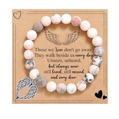 Sympathy Gifts for Loss of Loved one Memorial Healing Remembrance Condolence Grief Present for Women Pink Beads Bracelet With Angel Wings - style: Pink Wings-Those we love don't go away