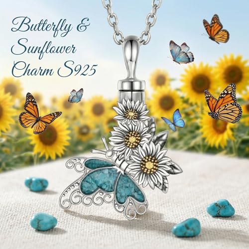 Butterfly Urn Necklace for Ashes 925 Sterling Silver Turquoise Daisy Pendant Cremation Memorial KeepsakeJewelry Gift for Women