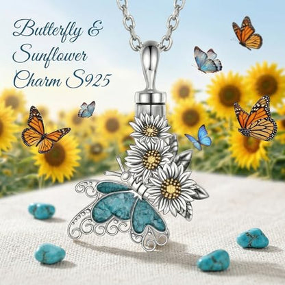 Butterfly Urn Necklace for Ashes 925 Sterling Silver Turquoise Daisy Pendant Cremation Memorial KeepsakeJewelry Gift for Women