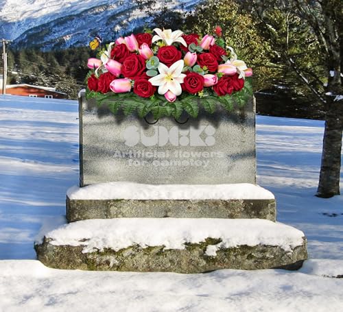 Artificial Cemetery Flowers - Headstone Flower Saddle，Non-Bleed Colors, and Easy Fit - Pink Tulip，White Lily and Red Rose Bouquet