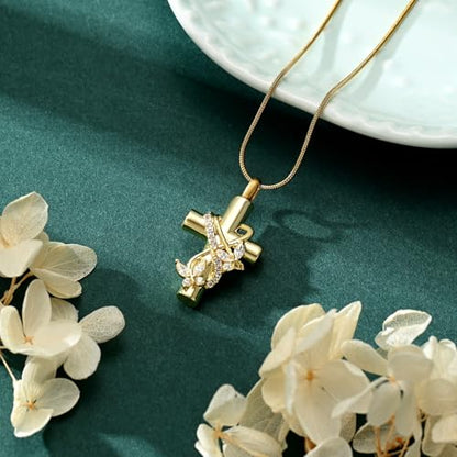 Butterfly Cross Cremation Jewelry Urn Necklaces Stainless Steel Cross Urn Necklaces for Ashes Memorial Keepsake Pendant for Women Gifts With Funnel Kit & Bag - color: Gold+White