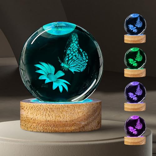 3D Butterfly Flower Crystal Ball Night Light Butterfly Gifts for Women, 60mm Figurines Glass Ball Lamp with Remote Home Decor Birthday Xmas Gifts for Lover Kids Teens - color: Butterfly