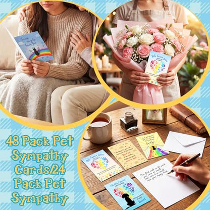 Motiskyy 48 Pack Pet Sympathy Cards for Dogs Cats Loss Sympathy Card Bulk with Envelopes and Stickers Loss of Pet Dog Cat Rainbow Bridge Condolences Gifts - style: Bright