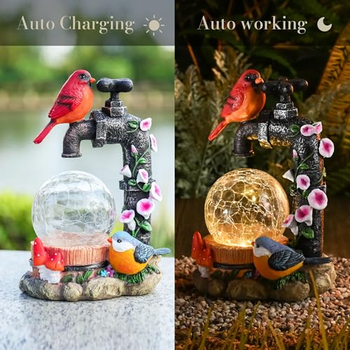 TERESA'S COLLECTIONS Cardinal Garden Decor and Solar Light Glass Ball 6" | LED Light, Cute Cardinal and Faucet , Waterproof Resin Garden Statues, Birds Decor Gifts, Birthday Gifts for Women Mom, - size: Medium