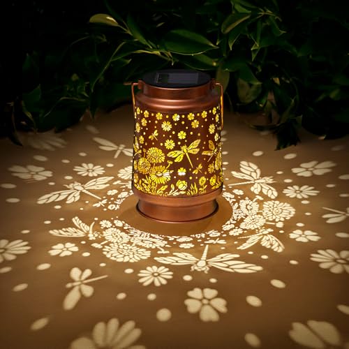 2 Pack Dragonfly Solar Lanterns Outdoor Waterproof Daisy Garden Decor Birthday Gifts for Women Mom Grandma Hanging Solar Lights Metal Lantern Decoration Outside for Porch,Patio,Yard,Backyard - style: P. 2 Pack Dragonfly Lantern