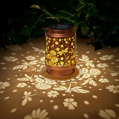 2 Pack Dragonfly Solar Lanterns Outdoor Waterproof Daisy Garden Decor Birthday Gifts for Women Mom Grandma Hanging Solar Lights Metal Lantern Decoration Outside for Porch,Patio,Yard,Backyard - style: P. 2 Pack Dragonfly Lantern