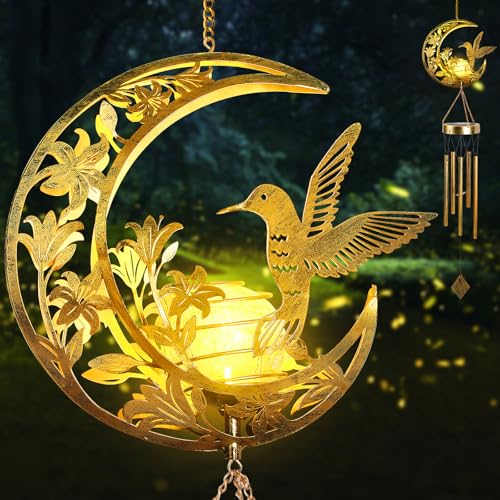 Hummningbird Solar Outdoor Wind Chimes - Unique Moon Hummingbird Design, for Mothers, Grandmothers, Sisters, Friends and Girls on Birthdays, Christmas, Thanksgiving and Mother's Day - color: Moon Hummingbird
