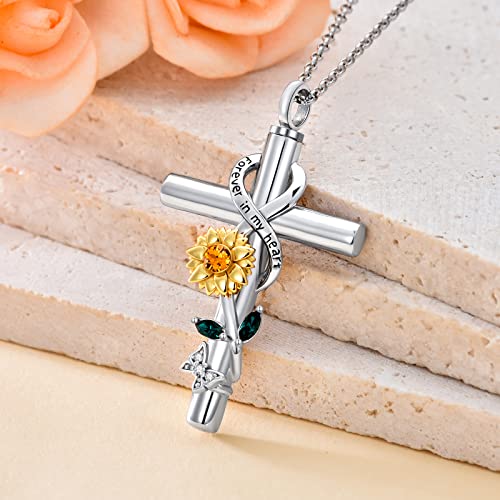 Cross Urn Necklace for Ashes 925 Sterling Silver Cremation Jewelry with Funnel Filler Kit Ashes Necklace for Human Women Girl Pets - color: B_Sunflower Urn Necklace, style: Non-personalized