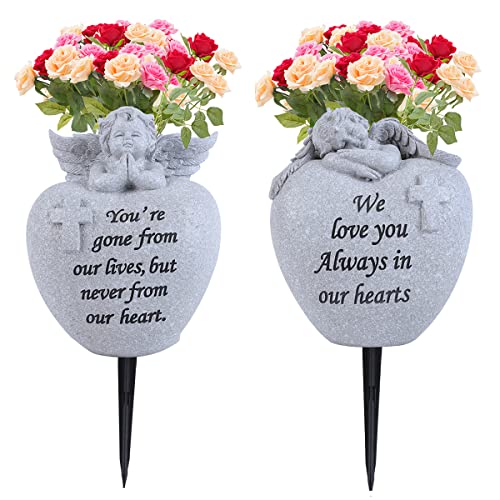 Angel and Cross Cemetery Grave Memorial Vases，Grave Decorations for Cemetery，Set of 2 Cemetery Memorial Vases with Removable Stakes,Memorial Gifts for Loss of Loved