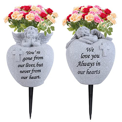 Angel and Cross Cemetery Grave Memorial Vases，Grave Decorations for Cemetery，Set of 2 Cemetery Memorial Vases with Removable Stakes,Memorial Gifts for Loss of Loved