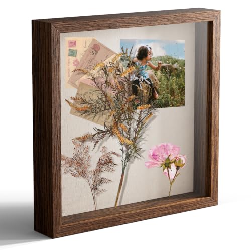 11x11 Shadow Box Picture Frame Display Case with Soft Linen Back, Brown Wooden Memory Shadow Box Frame with Tempered Glass Cover for Wall or Tabletop Display - color: Brown, size: 11x11