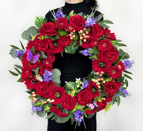 Cemetery Wreath for Grave, Red Roses Memorial Wreath with 30 Inch Easeal Stand, Fade-Resistant