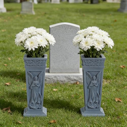 2Pcs Cemetery Flowers Vase, Angel Carving Cemetery Vase Memorial Grave Vases Resin Flowers Holder for Headstone Mausoleums Garden Lawn Yard Outdoor Decorations, Gray