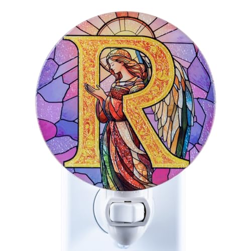 Angel Monogram Night Light – Stained Glass Styled Plug-in Wall Lamp, Victorian Inspired Letter R Design with Manual Switch & Bulb Included – Bedroom, Hallway, Nursery Gift NLA-C021 - color: R