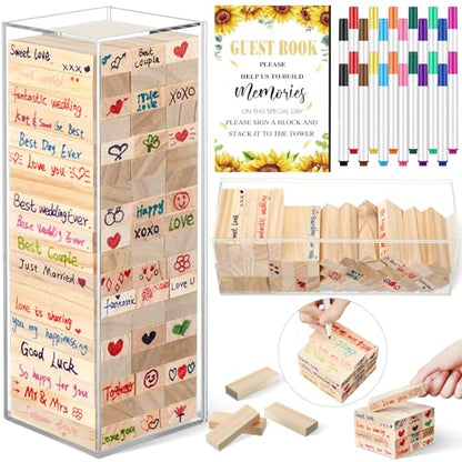 Beeveer 80 Pcs Wedding Guest Book Alternative Wooden Block Guest Book for Wedding Sign in Bridal Shower Decoration 54 Pcs Wooden Block Bridal Shower Game for Sign in, Reception(Sunflowers) - style: Sunflowers