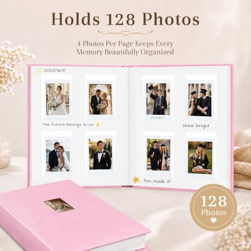 Ruibytree 128 Pockets Instant Mini Photo Album for 2x3 Pictures, Pink | Writing Space, Premium Vegan Leather, Flat-Fit Clear Pocket, Wedding Guest Book for Polaroid 2x3 Photos, Graduation Keepsakes - color: 128 Pocket Pink