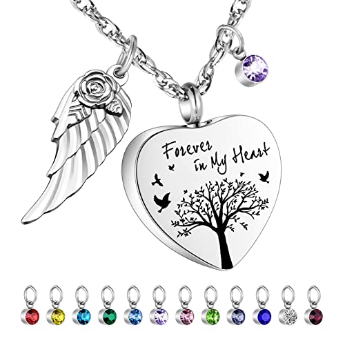 Dletay Heart Urn Necklace for Ashes with 12 Birthstones Cremation Jewelry for Ashes -Your Wings Were Ready My Heart Was Not - color: Forever in my heart-Silver